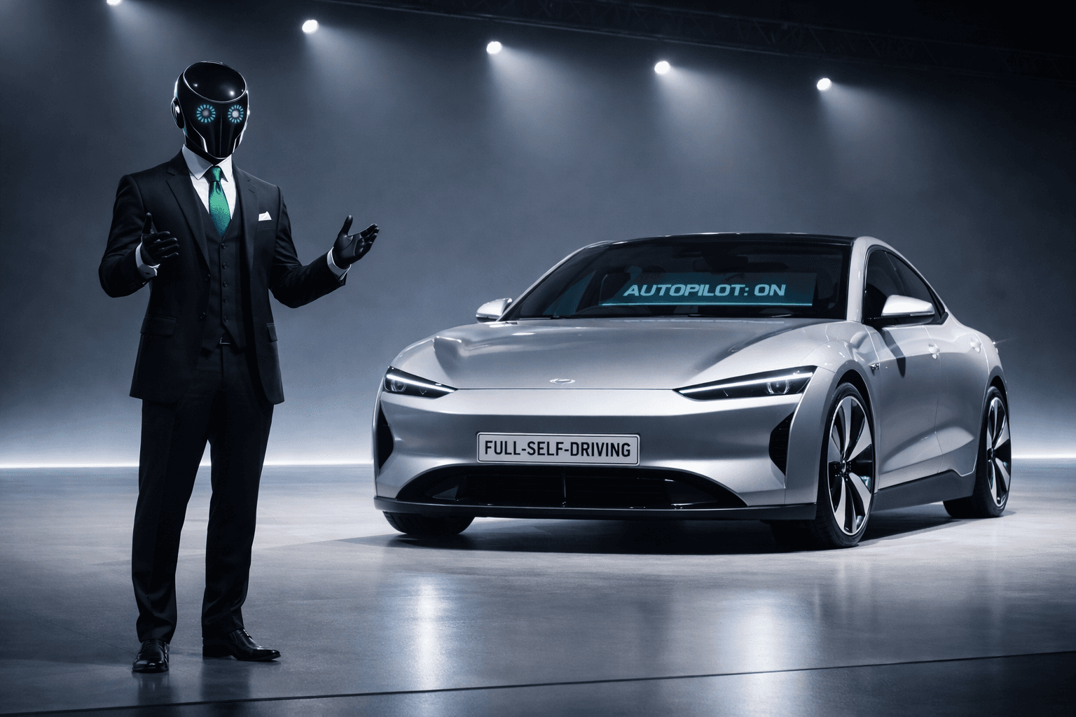 A pristine keynote-stage vehicle reveal with AutoCEO at the podium and Autopilot: ON on the dashboard.