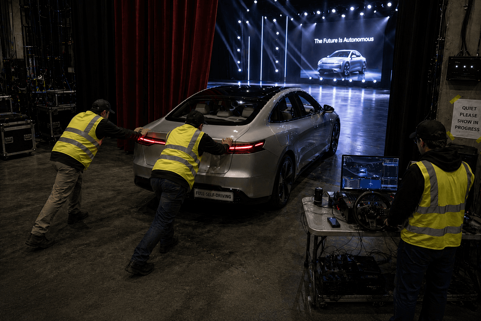 An internal camera still showing the Terxla car being pushed by two people from behind a velvet curtain while a side-stage operator steers from a folding-table control station.