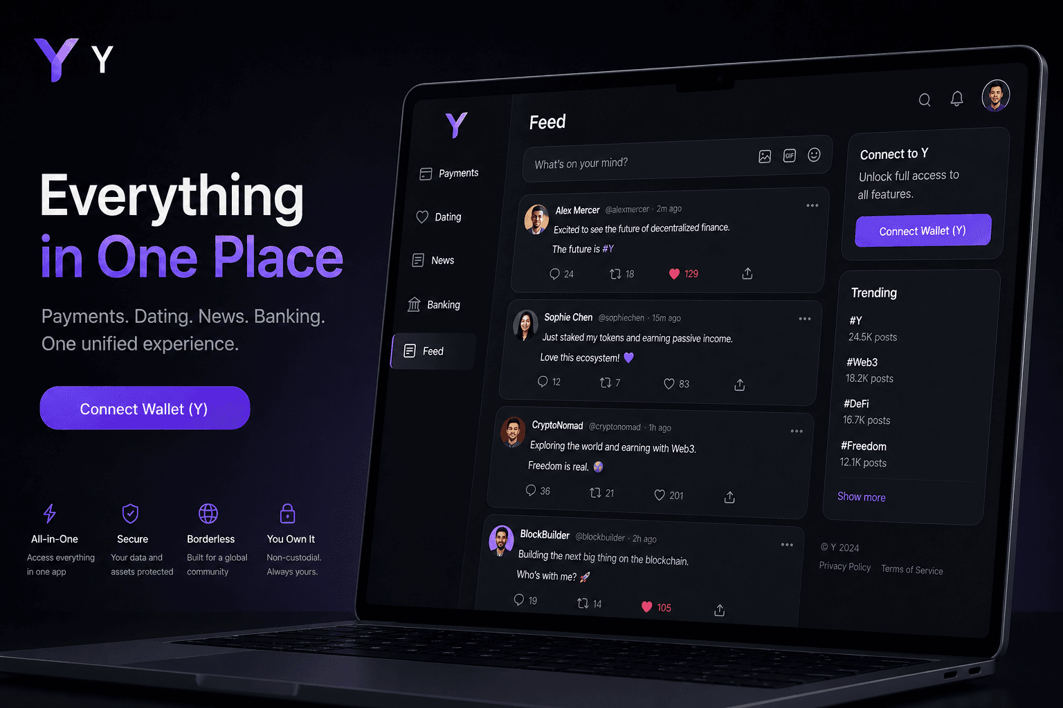 A polished everything-app interface with multiple feature tabs on a dark premium background.