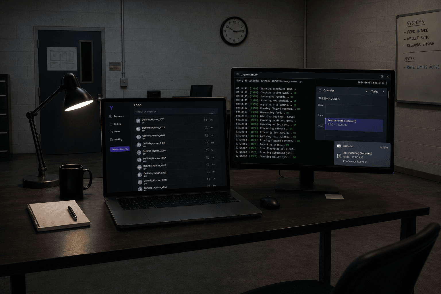 A sparse operations-room camera feed showing Y on one laptop, a cron job terminal on another monitor, and a feed full of Definitely_Human accounts.
